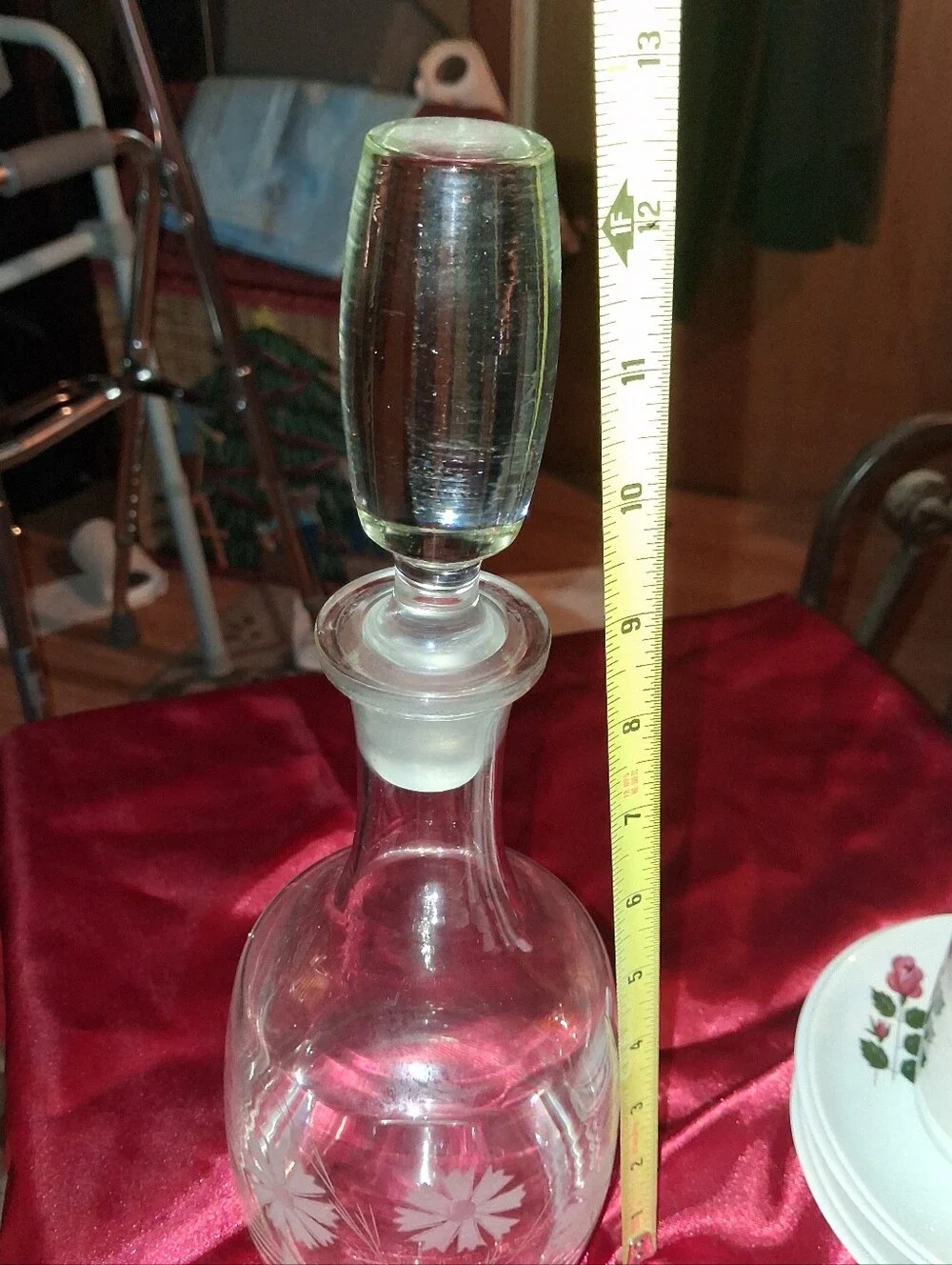 Clear Etched Glass Decanter with Stopper - White/Clear Flowers